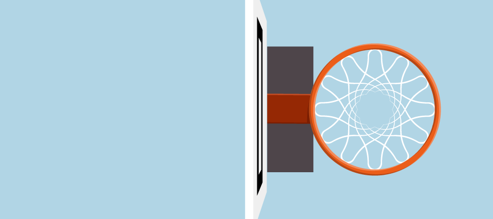 10/10 basketball betting experience. A basketball court viewed from above with a stylized 10bet logo as the board and basket.