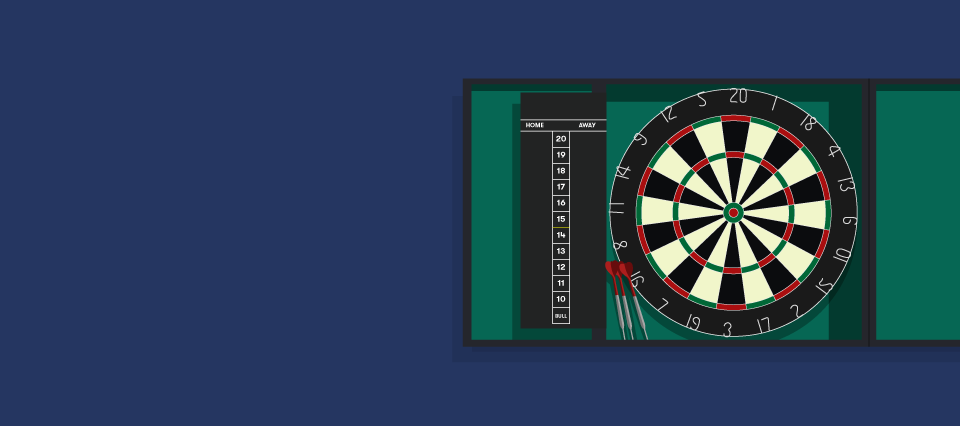 10/10 darts betting experience. A dartboard next to a scoreboard forming a styalized 10bet logo.